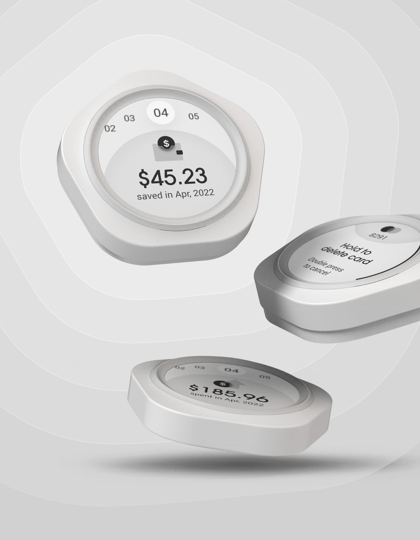 Three white pentagonal electronic devices with circular screens on the top. Each screen is displaying information related to budgeting and spending habits.