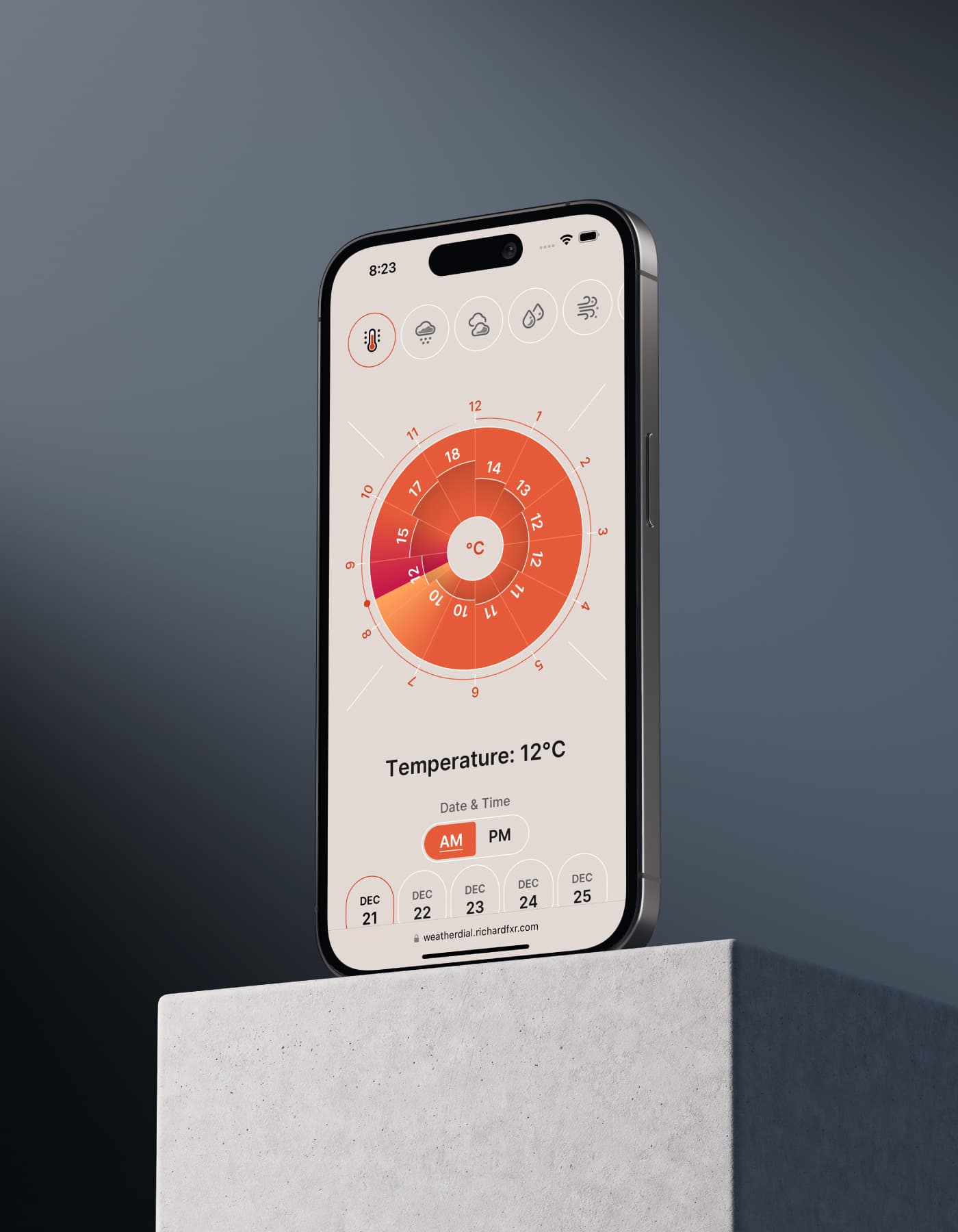 Weather Dial temperature page displayed on an iPhone 14 Pro. A list of navigation icons lines the top, while the main page is filled with an orange circular bar graph that denotes temperature changes throughout the day.