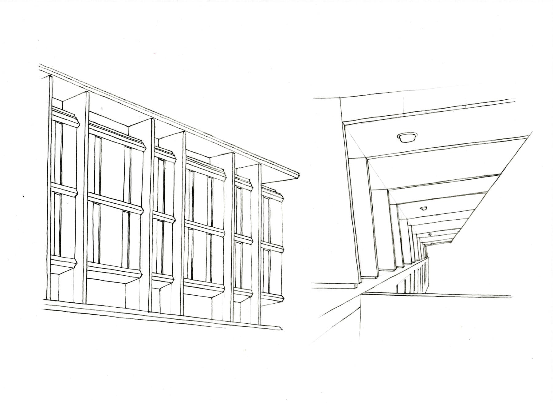 Line drawings of a corner of the John D. Rockefeller Jr. Library and its cantilevered second floor.
