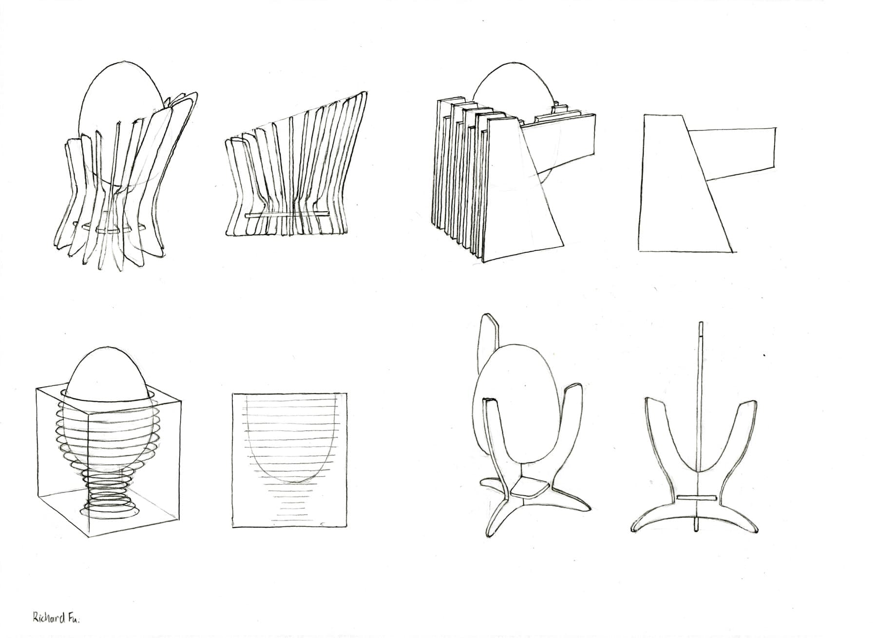 Concept sketches of EggHolders 1 through 4. One is a fin loft cylinder; two consists of a fin loft trapezoid cantilevered on top of another; three is a glass cube made of stacked sheets with engravings; four is a tripod that matches the curvature of the egg.