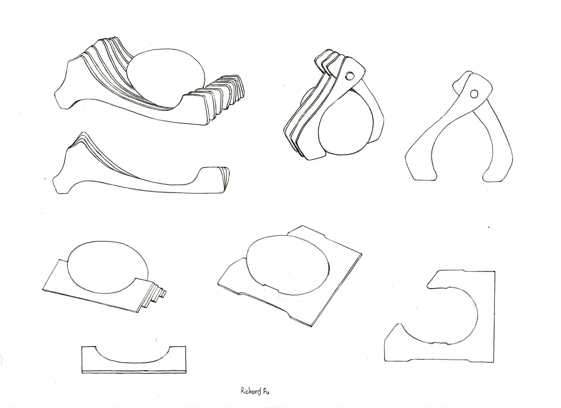 Concept sketches of EggHolders 5 through 8. Five is a stack of bone-like shapes; six is a clip that holds onto the egg and prevents it from moving around; seven is a stack of cardboard with a cutout for the egg in the middle; eight is just a flat card that slots onto an egg.