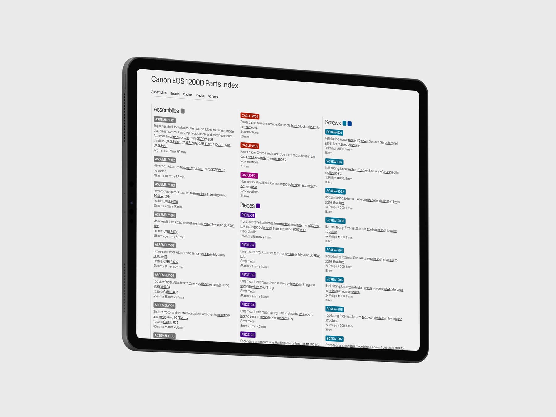 An iPad Pro displaying a list of parts from the camera.