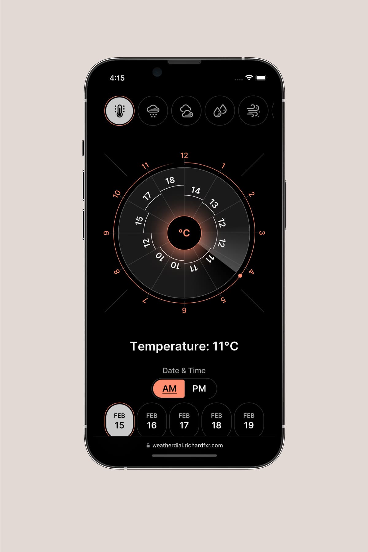 An iPhone 13 Pro displaying the temperature page in high-contrast dark mode.