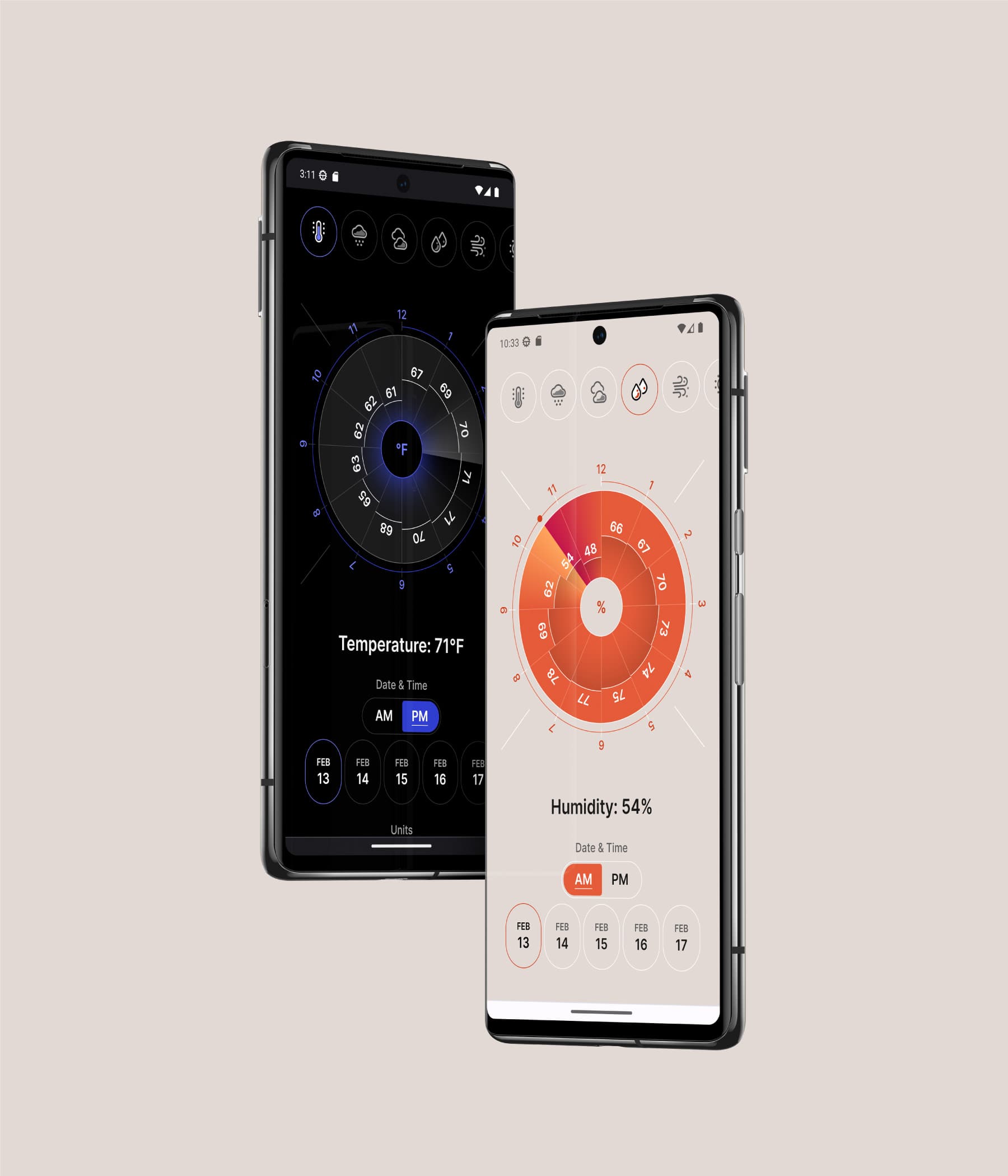 Two floating Pixel 6XLs displaying the temperature and humidity pages in dark and light modes respectively.