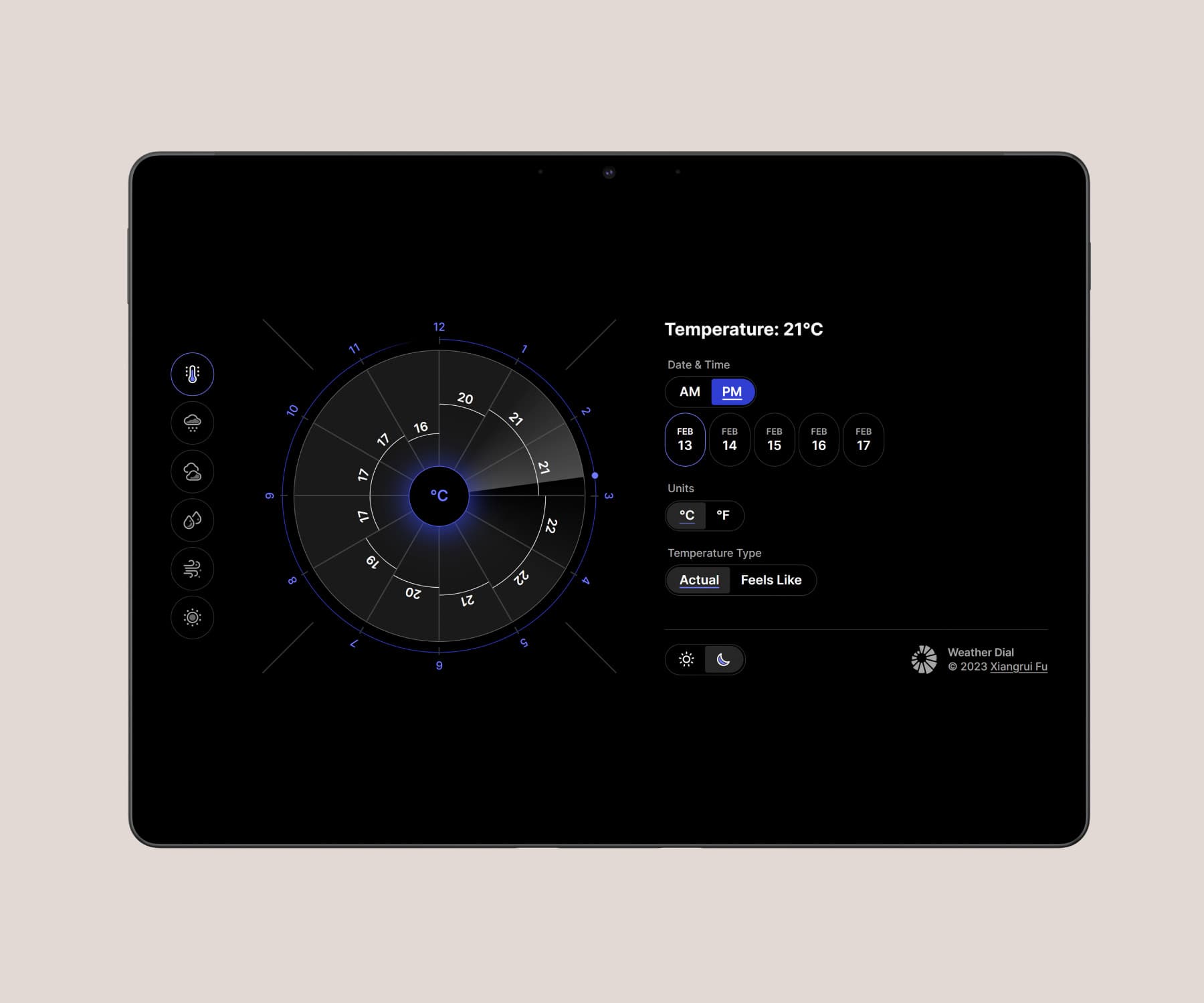 A Surface Pro 8 displaying the temperature page in dark mode.