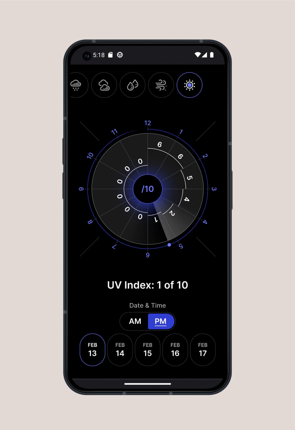 A Nothing Phone (1) displaying the UV index page in dark mode.