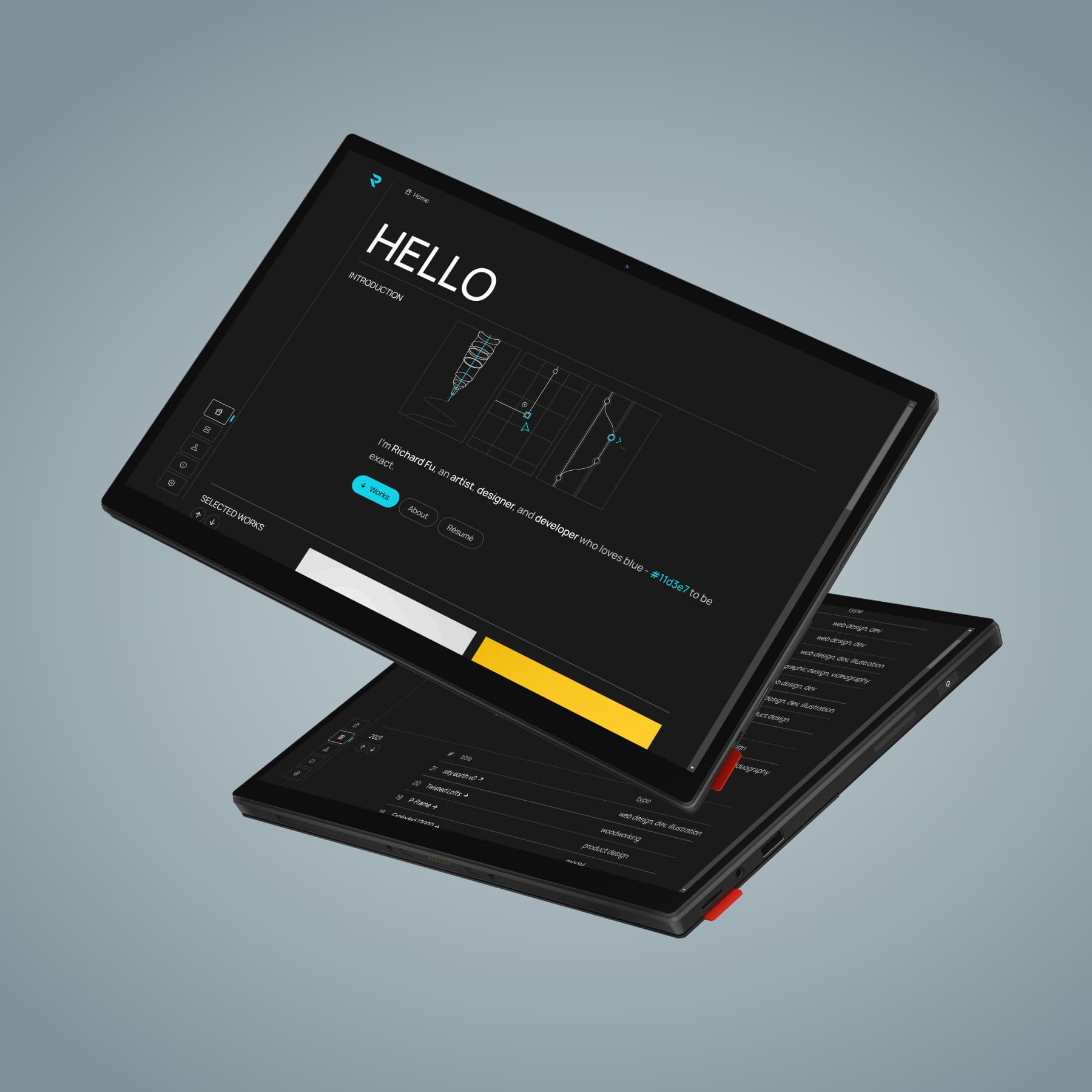 The home and archive pages displayed on two ROG Flow Z13s in dark mode.
